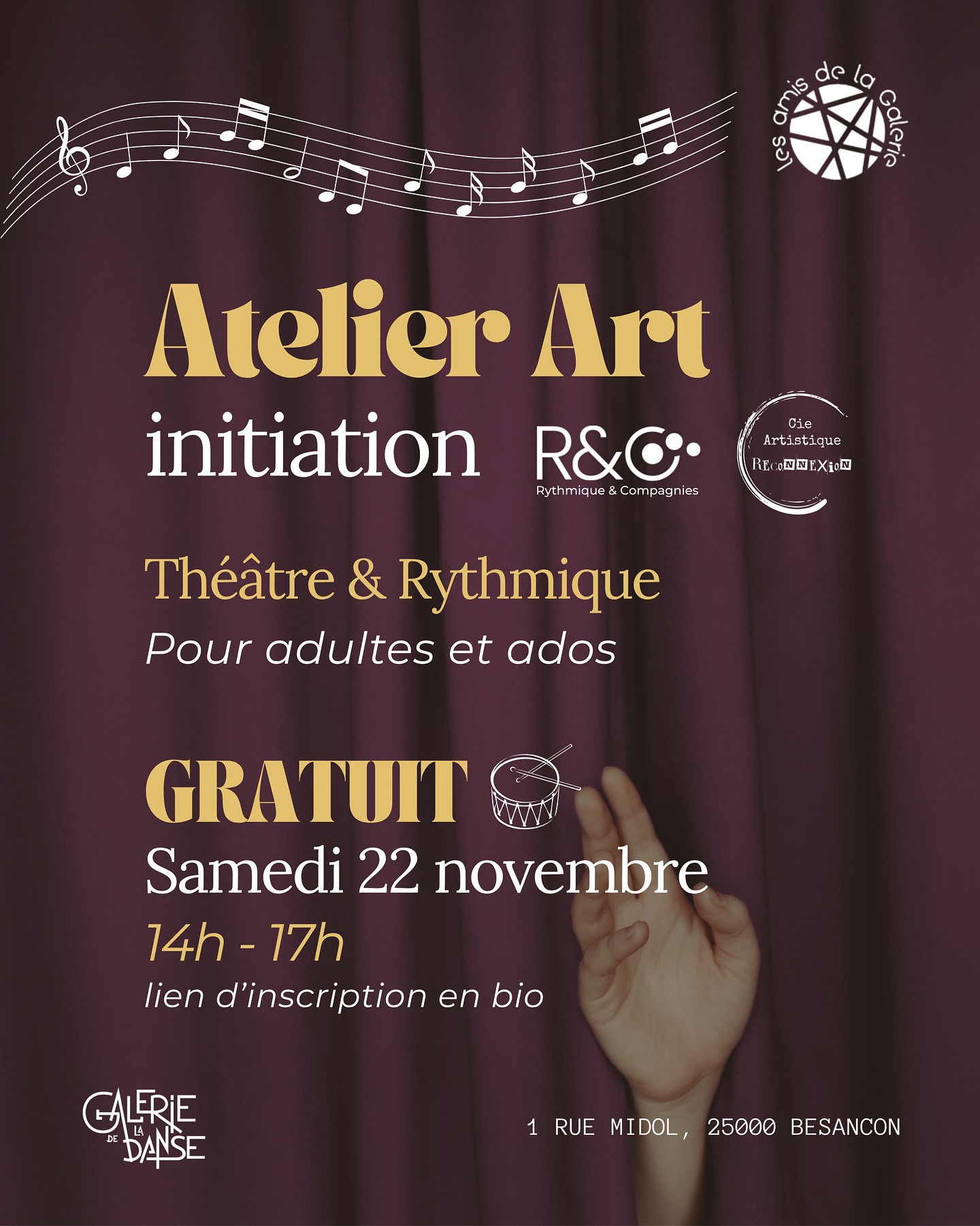 🎭💃 Atelier pluridisciplinaire “ART” – Atelier Rythmique Théâtre
La Galerie De La Danse accueille un atelier inédit le 22 novembre 2025, de 14h à 17h, animé par Gaëtan Carret (théâtre) et Carole Moyse (danse rythmique).
Une rencontre entre corps, voix et mouvement, pour explorer la libération de l’expression à travers le dialogue entre danse et théâtre.

✨ Atelier gratuit, ouvert aux adultes et adolescents.

📍Galerie De La Danse
📅 22 novembre 2025 – 14h à 17h
👉 Inscription via le lien en bio ✨

#AtelierART #DanseEtThéâtre #GalerieDeLaDanse #Expression #Créativité #LyonCulture #ArtsVivants #PédagogieArtistique
