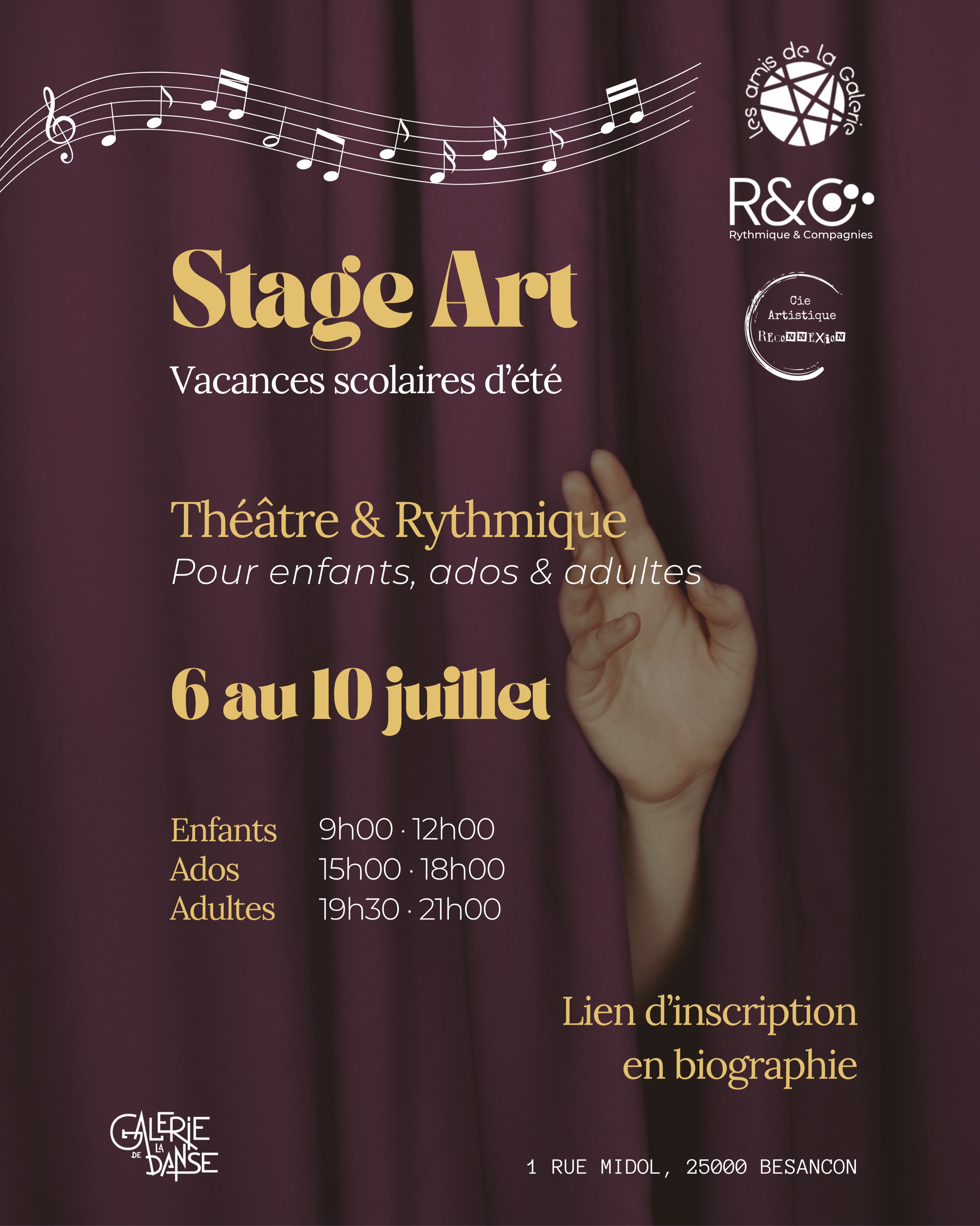 🎭 Stage ART – Vacances d’été 

Pendant les vacances scolaires d’été, La Galerie de la Danse propose une dernière semaine de stage ART mêlant théâtre, danse contemporaine et danse rythmique.

Un temps dédié à la création et à l’expression, pour explorer le corps, la voix et l’imaginaire à travers un travail collectif et artistique. Chaque stage s’articule autour d’un thème, fil conducteur des ateliers.

📆 Du 6 au 10 juillet 

👧 Enfants (7–10 ans)
🧑 Ados (11–13 ans)
👥 Ados / Adultes (+13 ans)

📍 La Galerie de la Danse – Besançon

#StageART #Théâtre #DanseContemporaine #DanseRythmique #besancon