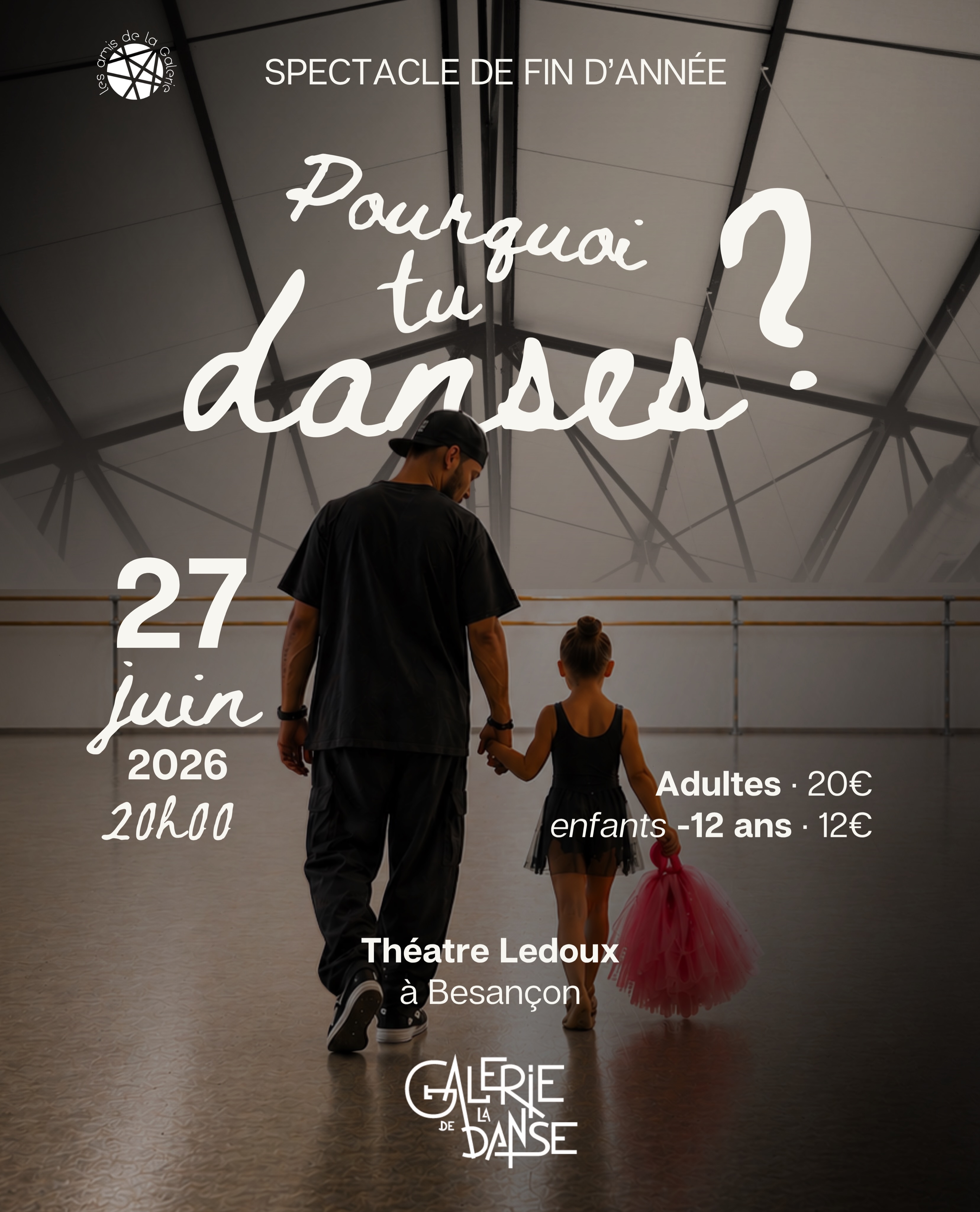 Pourquoi tu danses ?

Cette année, les élèves et professeurs de l’association Les Amis de la Galerie vous donnent rendez-vous pour le spectacle de fin d’année de La Galerie De La Danse.

📅 Samedi 27 juin 2026
🕗 20h
📍 Théâtre Ledoux – Besançon 

Un gala unique où créativité et énergie se rencontrent sur scène pour vous faire vivre une soirée inoubliable !

🎟️ Tarifs :
• Plein tarif : 20€
• Enfant(-12 ans) : 12€

👉 Lien de la billetterie disponible dans notre bio.

#Galeriedeladanse #SpectacleDeDanse #GalaDeDanse #Danse #Besançon