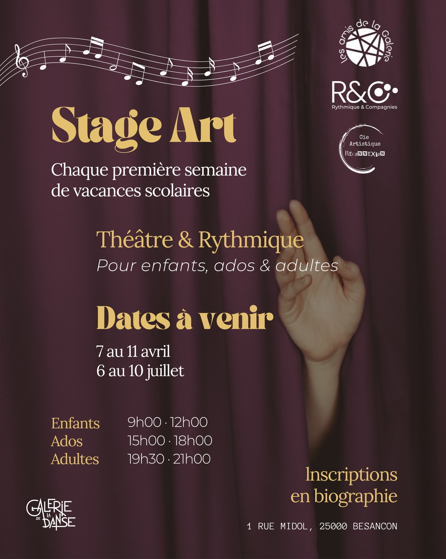 🎭 Stage ART – Vacances d’avril

Pendant les vacances scolaires d’avril, La Galerie de la Danse propose une semaine de stage ART mêlant théâtre, danse contemporaine et danse rythmique.

Un temps dédié à la création et à l’expression, pour explorer le corps, la voix et l’imaginaire à travers un travail collectif et artistique. Chaque stage s’articule autour d’un thème, fil conducteur des ateliers.

📆 7 au 11 avril 

👧 Enfants (7–10 ans)
🧑 Ados (11–13 ans)
👥 Ados / Adultes (+13 ans)

📍 La Galerie de la Danse – Besançon

#StageART #Théâtre #DanseContemporaine #DanseRythmique #besancon